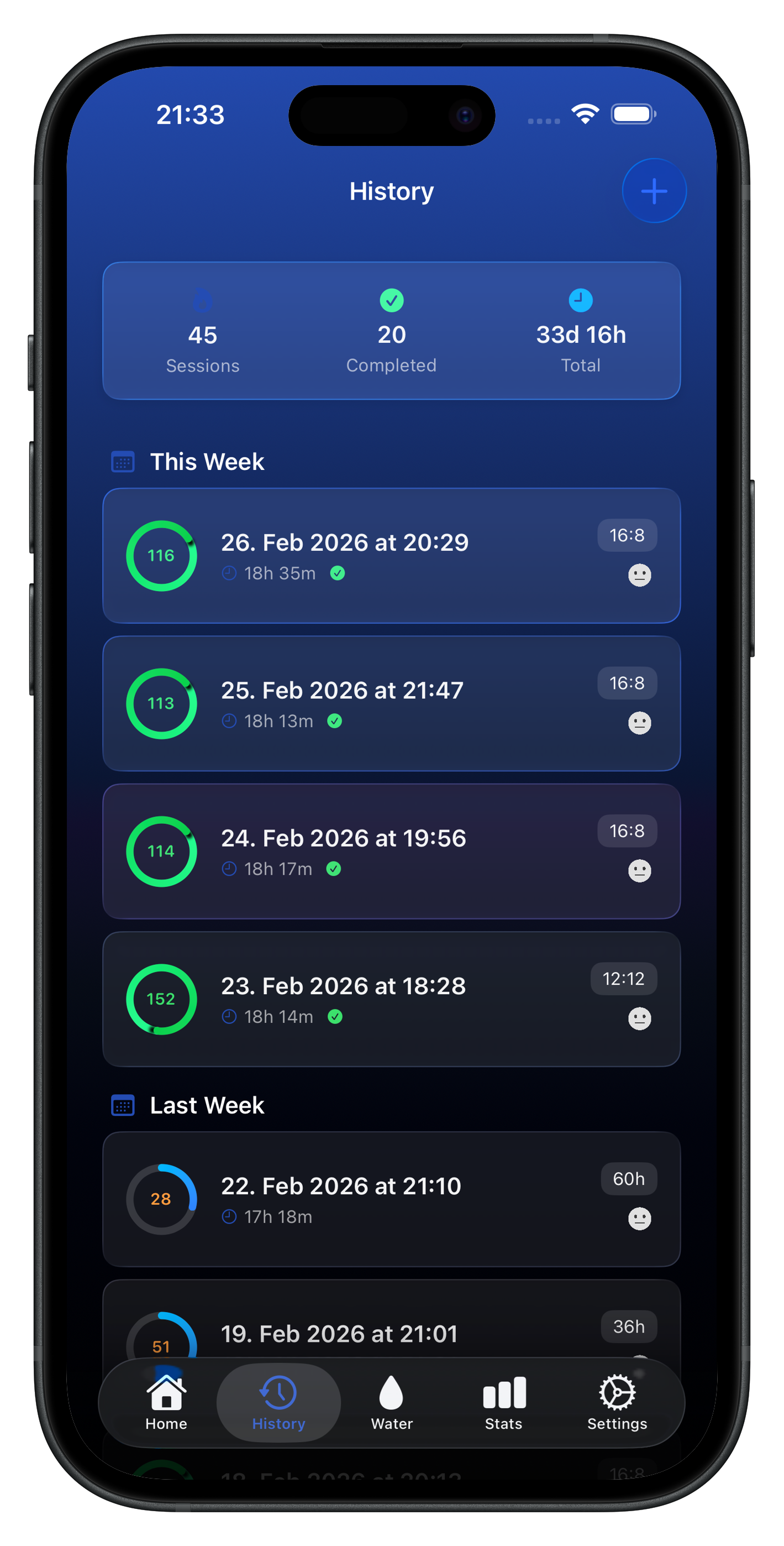 iPhone fasting history screen
