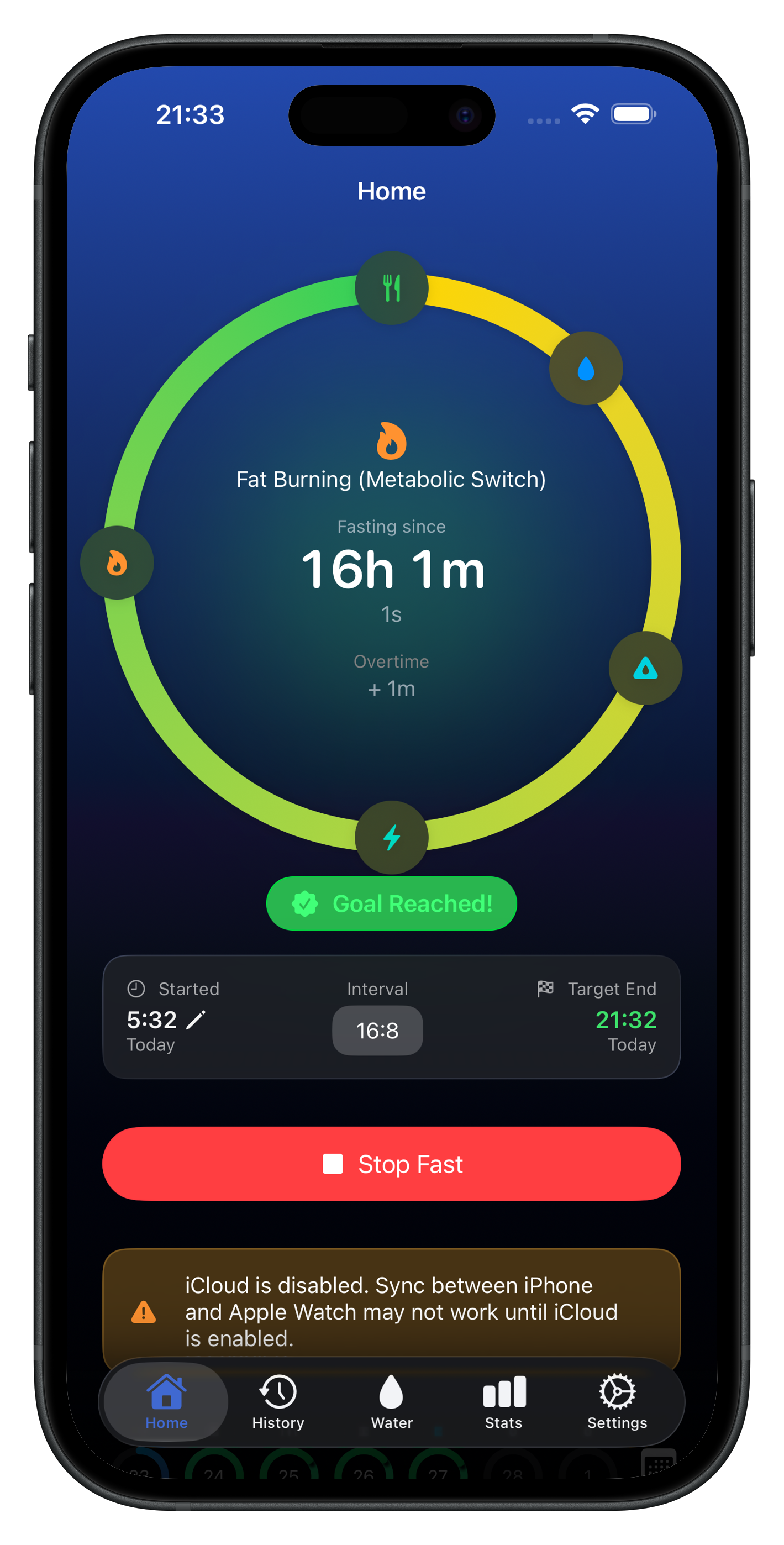 iPhone home screen with active fasting session