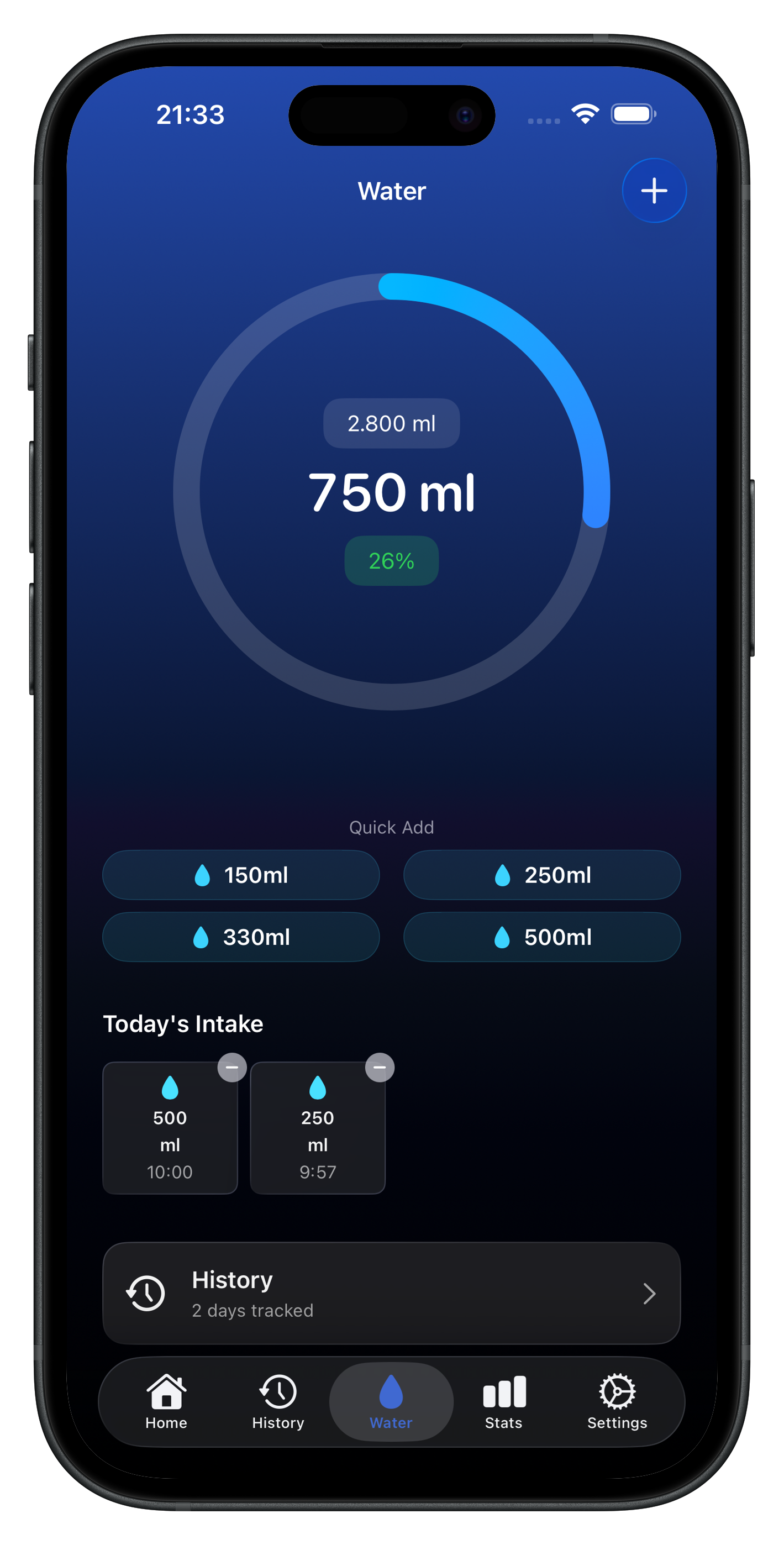 iPhone water tracker screen